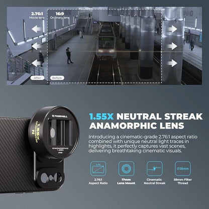 Freewell 1.55x Neutral Streak Anamorphic Lens Compatible with 17mm Mount iPhone & Samsung - Cinematic Bokeh, Smooth Streak Effect, Easy Installation