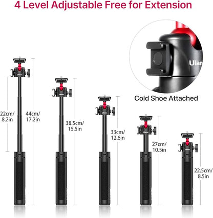 ULANZI MT-16 Extendable Mini Camera Tripod, 4 Levels Adjustment 360° Ball Head Cold Shoe Lightweight Portable Vlog Travel Selfie Stick Handle Grip Desktop Webcam Tripod for DSLR Action Camera