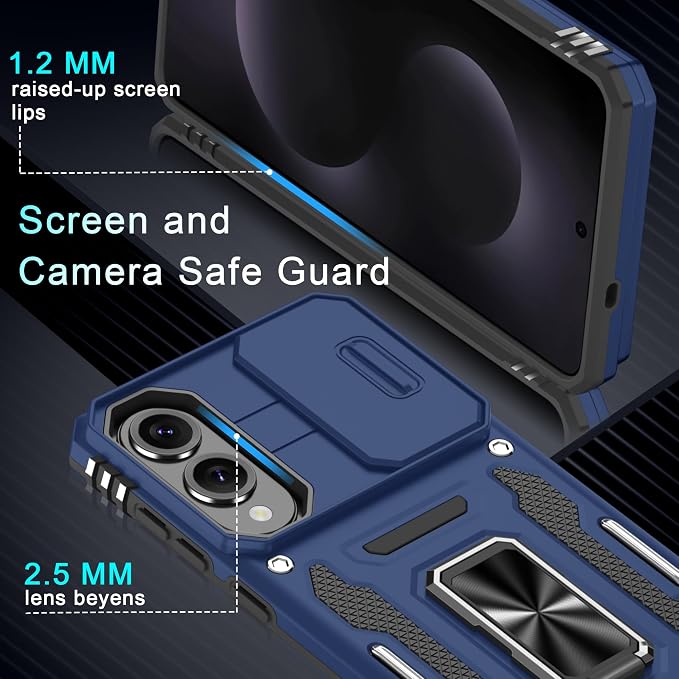 DEERLAMN Case for Samsung Galaxy S25 Edge with Slide Camera Cover+Screen Protector (1 Pack), Rotated Ring Kickstand Military Grade Shockproof Protective Cover-Navy Blue