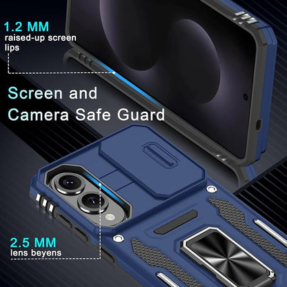 DEERLAMN Case for Samsung Galaxy S25 Edge with Slide Camera Cover+Screen Protector (1 Pack), Rotated Ring Kickstand Military Grade Shockproof Protective Cover-Navy Blue