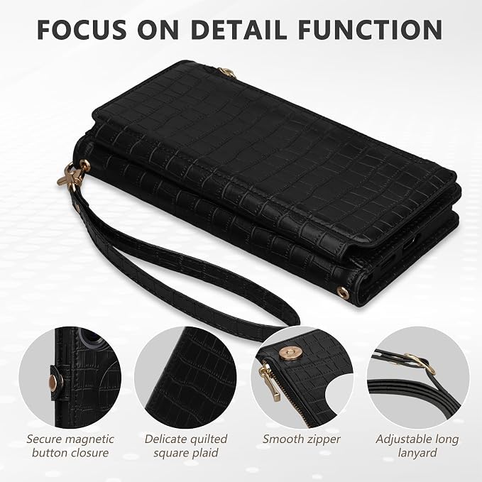 Crossbody Wallet Case for Samsung Galaxy S26 Ultra with Mirror, Wrist Strap, Zipper Purse Magnetic Flip, RFID Blocking Card Holder, PU Leather Shockproof Women (Black)