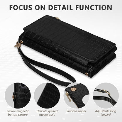 Crossbody Wallet Case for Samsung Galaxy S26 Ultra with Mirror, Wrist Strap, Zipper Purse Magnetic Flip, RFID Blocking Card Holder, PU Leather Shockproof Women (Black)