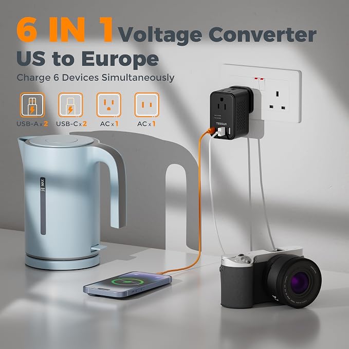 TESSAN 220 to 110 Voltage Converter, Black | US to Europe, 4 USB Ports (2 USB C), 2 AC Outlets, EU/UK/AU Plug, Step Down Transformer