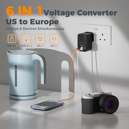TESSAN 220 to 110 Voltage Converter, Black | US to Europe, 4 USB Ports (2 USB C), 2 AC Outlets, EU/UK/AU Plug, Step Down Transformer