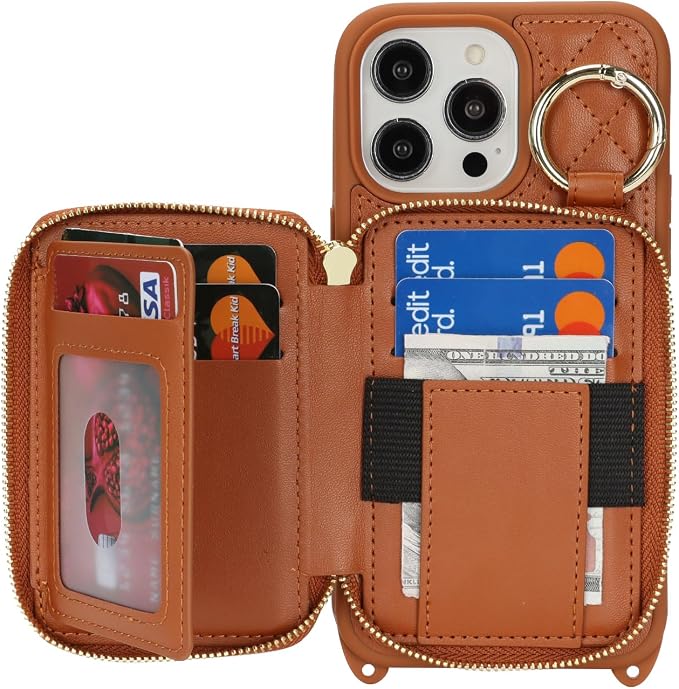 Crossbody Wallet Case for iPhone 14 Pro Max, PU Leather Zipper Handbag Purse Flip Cover, Kickstand Folio Case with Card Slots Holder Wrist Strap Lanyard 5G 6.7 Inch-Brown