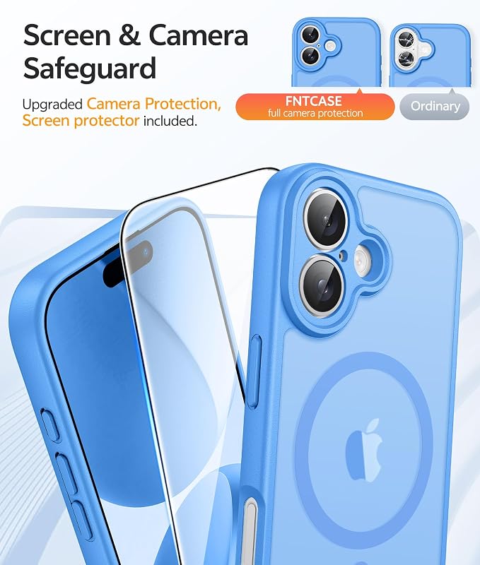 FNTCASE for iPhone 17 Case, Compatible with Magsafe, Glass Screen Protector | Full Camera Protection, Translucent Matte, 14FT Military Grade Drop Proof, Shockproof Protective Phone Cover, Ice Blue