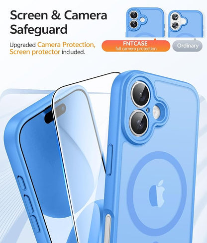 FNTCASE for iPhone 17 Case, Compatible with Magsafe, Glass Screen Protector | Full Camera Protection, Translucent Matte, 14FT Military Grade Drop Proof, Shockproof Protective Phone Cover, Ice Blue