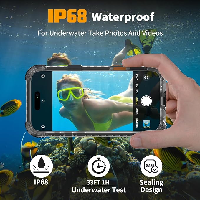 for iPhone 16 Waterproof Case, Compatible with MagSafe, IP68 Built-in Camera Control, Military Shockproof & Screen Protector for Water Sports, 6.1 Inch Frosted Black