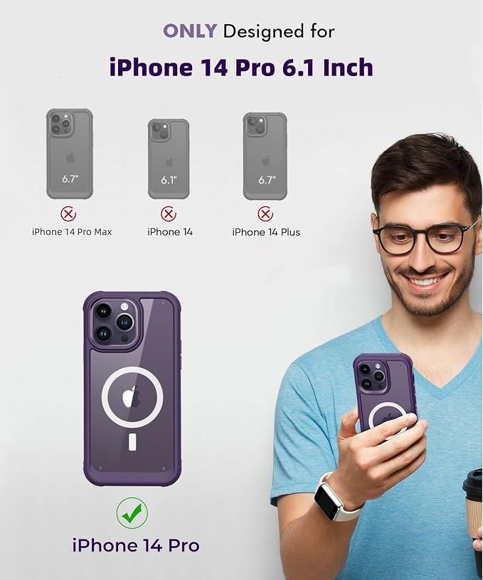 Compatible with iPhone 14 Pro Case, Built-in Screen Protector, with Camera Lens Protector, [Compatible with MagSafe] Full Body Phone Case, Magnetic Protective Cover for 14Pro 6.1" (Purple)