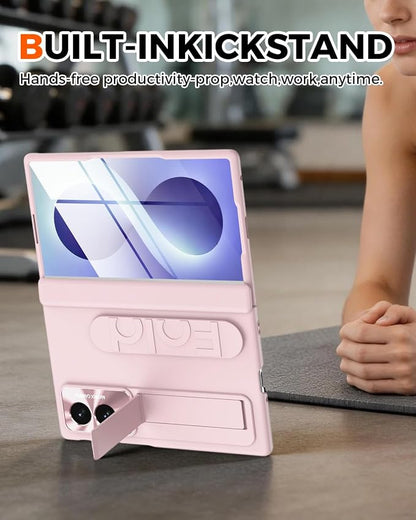 NINKI Screen Protector for Samsung Galaxy Z Fold 8 Phone Case with Hand Strap, Cute Kickstand for Samsung Z Fold 8 Finger Holder Cover, Hinge Protective Cover for Galaxy Fold 8 Case Womens Girls Pink