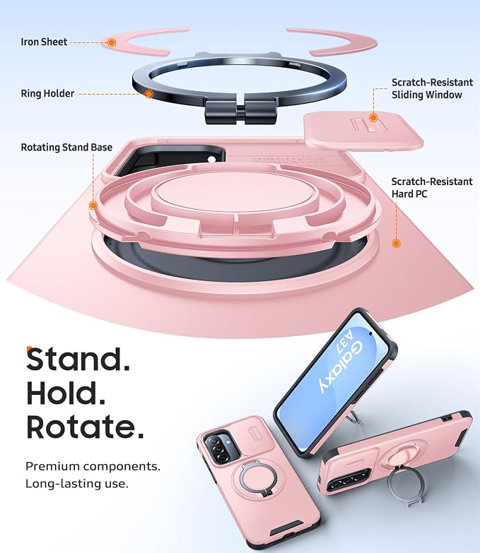 JAME for Samsung Galaxy A37/A36/A56 5G Case, Ring Holder Stand Kickstand, Slide Camera Cover, 2 Screen Protectors, Dual-Layer Shockproof Protective, Magnetic Accessory Friendly Phone Case, Pink