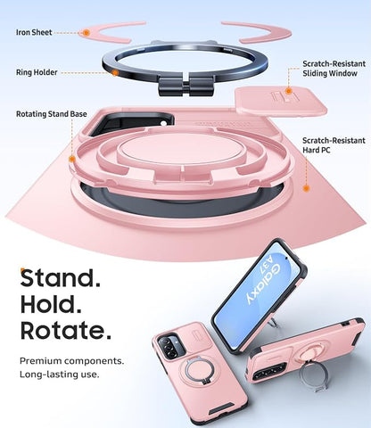 JAME for Samsung Galaxy A37/A36/A56 5G Case, Ring Holder Stand Kickstand, Slide Camera Cover, 2 Screen Protectors, Dual-Layer Shockproof Protective, Magnetic Accessory Friendly Phone Case, Pink