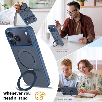 Ultra-Magnetic Stand for iPhone 17 Pro Max Case [Military Drop Protection] [Compatible with MagSafe] Shockproof Translucent Matte Slim Ring Holder Case for iPhone 17 Pro Max (Blue)