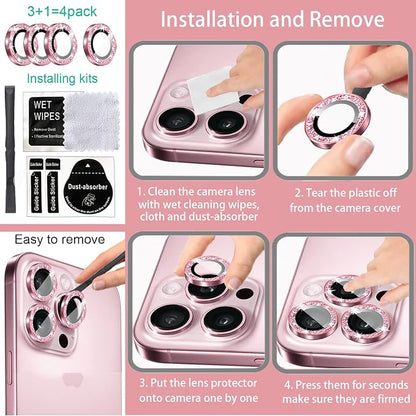 Compatible for iPhone 12 Pro Max Camera Lens Protector Bling, Cute Sparkle Glitter Luxury Camera Cover for Women, Anti-Scratch (3 Protectors + 1 Extra), Pink