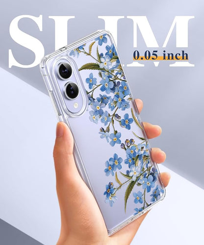 GVIEWIN for Samsung Galaxy S25 Edge Case, Clear Floral Shockproof Protective Women Phone Case, Non-Yellowing, Screen&Camera Lens Protector for Galaxy S25 Edge 6.7",Aconite/Blue