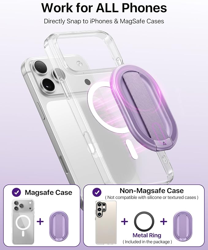 andobil [2026 All-New] Magnetic Phone Grip for Magsafe with Finger Strap [Comfortable & Durable] Magnetic Phone Ring Holder for MagSafe Accessories & iPhone 17 Air 16 Pro Max Plus 15 14 13 12, Purple