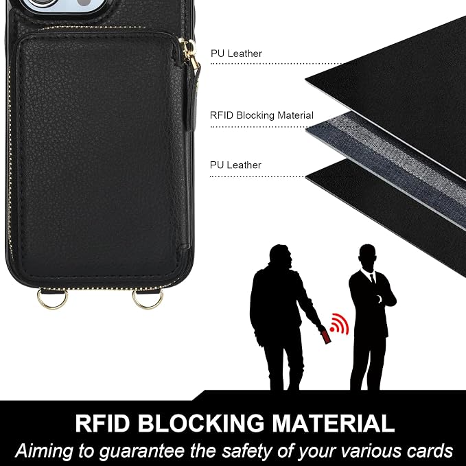 Bocasal for MagSafe Crossbody Wallet Case Compatible with iPhone 14 Pro Max, RFID Blocking Protective Purse Case with Card Slots Holder Kickstand Wrist Strap Lanyard Zipper 6.7 Inch 5G (Black)
