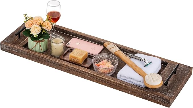 Hanobe Bathtub Tray Bath Caddy: Wood Tub Trays Table Extra Large Rustic Bathtub Shelf Across Tub Wooden Serving Tray with Handles for Bathroom, 31"