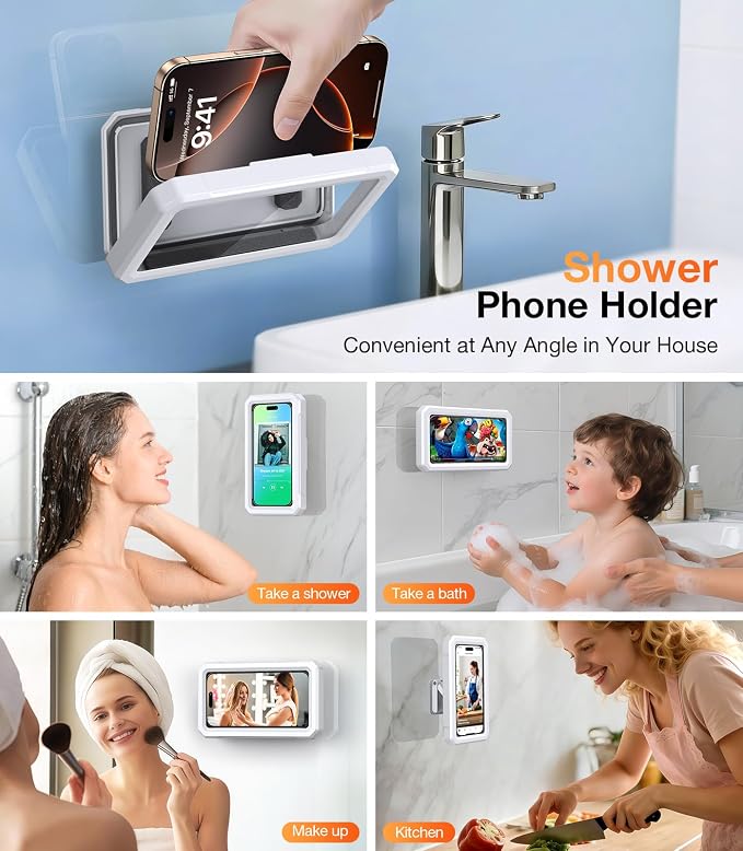 Coolpow Shower Phone Holder Waterproof Phone Holder for Shower Wall Waterproof【Anti-Fog】480°Adjustable Retractable Bathroom Phone Holder Mount Stand Water Proof Shower Case for iphone 4-7" Cellphones