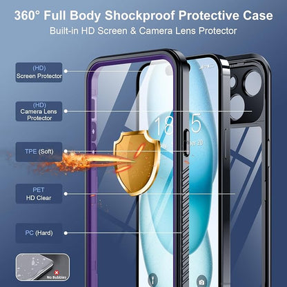 SPIDERCASE for iPhone 15 Case Waterproof, Built-in Lens & Screen Protector, Full Heavy Duty Protection, 12FT Military Shockproof, Dustproof Phone Case,Purple