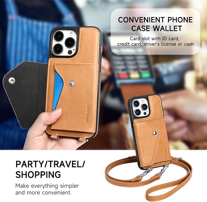 LUCKYCOIN for iPhone 14 Pro Crossbody Wallet Case – Genuine Leather Phone Purse with Adjustable Strap and Card Holder,Lanyard Phone Purse Case for Women,Vintage Tan