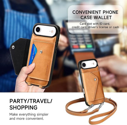 LUCKYCOIN for iPhone Air Crossbody Wallet Case – Genuine Leather Phone Purse with Adjustable Strap and Card Holder,Lanyard Phone Purse Case for Women,Vintage Tan