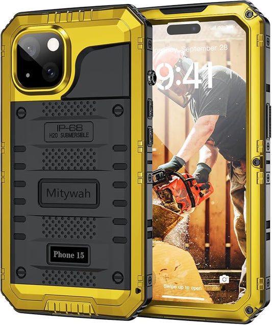 Mitywah Waterproof Case for iPhone 15, Heavy Duty Shockproof Case with Built-in Screen Protector, Full Body Underwater Protective Metal Case 6.1 inch, Yellow