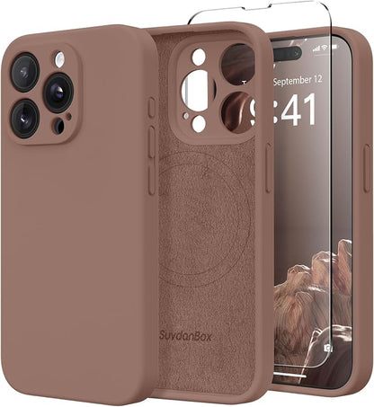 Magnetic for iPhone 15 Pro Max Case, Compatible with MagSafe, [Full Camera Protection][Screen Protector] Silicone Shockproof Protective Phone Case for iPhone 15 Pro Max 6.7", Brown