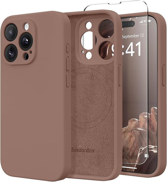 Magnetic for iPhone 15 Pro Max Case, Compatible with MagSafe, [Full Camera Protection][Screen Protector] Silicone Shockproof Protective Phone Case for iPhone 15 Pro Max 6.7", Brown
