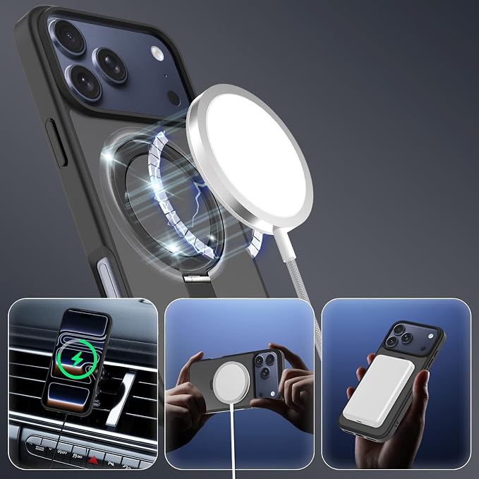 Ultra-Magnetic Stand for iPhone 17 Pro Max Case [Military Drop Protection] [Compatible with MagSafe] Shockproof Translucent Matte Slim Ring Holder Case for iPhone 17 Pro Max (Black)