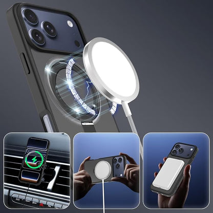 Ultra-Magnetic Stand for iPhone 17 Pro Case [Military Drop Protection] [Compatible with MagSafe] Shockproof Translucent Matte Slim Ring Holder Case for iPhone 17 Pro (Black)