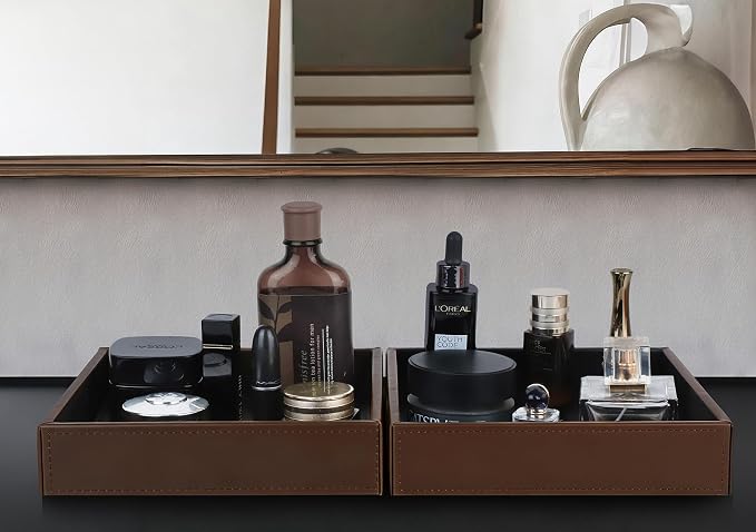 HofferRuffer Faux Leather Vanity Tray, Elegant Desktop Storage Organizer, Decorative Catchall for Perfume, Bathroom Valet, Nightstand or Dresser, 8 x 8 x 1.8 inches (Brown)