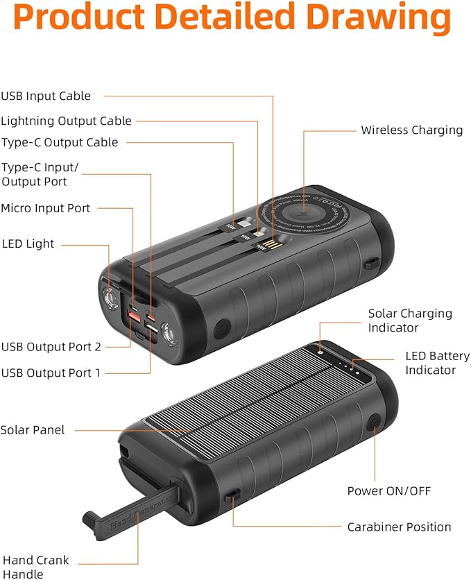 Solar Portable Charger Power Bank 59800mAh, Outdoor Waterproof Battery Pack, 3 Built in Cables & Hand Crank, 6 Outputs, 15W Wireless Charging, Emergency LED Flashlight for Camping Hiking Travel
