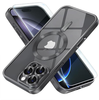 Misea Magnetic for iPhone 16 Pro Case Compatible with MagSafe [Never Yellowing] [Military Grade Drop Protection] Full Camera Lens Protector Plating Soft Clear Phone Case for Women, Titanium Black