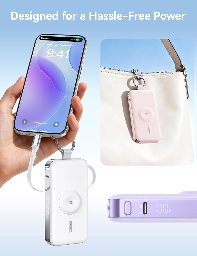 RORRY Portable Charger, 12000mAh 30W Fast Charging Power Bank with Built-in Retractable USB C Cable, Battery Pack with Keychain, Travel Essentials for iPhone, Apple Watch, iPad, Pink