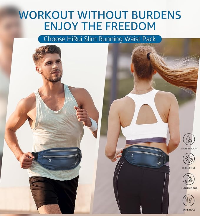 HiRui Slim Fanny Pack for Men Women, Adjustable Exercise Waist Pack Reflective Running Belt for Sports Workout Cycling Hiking, Casual Hands-Free Wallets Phone Bag Fits All Phones (Navy Blue)