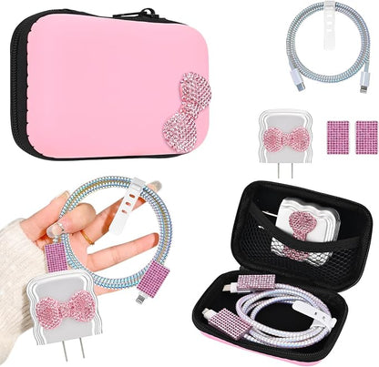 Phone Charger Case Storage Set with Cute Bow Cable Protector with Carrying Cable Case Bag,Cord Organizer, USB Earphone Wire Saver Organizer Charger Protector for iPhone (Pink Bow)