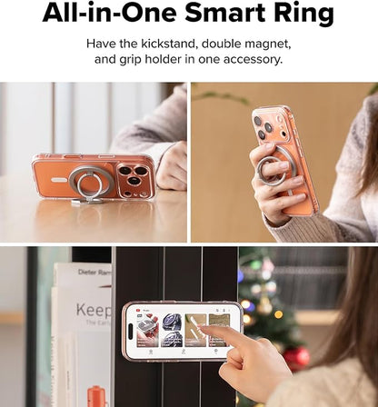 Ringke Dual Magnetic Smart Ring [Compatible with MagSafe] Phone Grip, Dual-Sided Powerful Magnet, 3-Tier Foldable Kickstand 0.17 Inch Slim Holder for Gym, iPhone, Galaxy, Pixel - Satin Silver