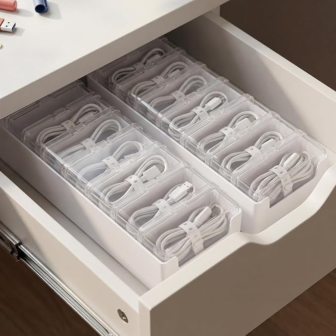 ARVOK 2 Sets Cable Organizer Box with 20 Adjustable Compartments，Cable | Storage Box with Lid,Solution for Cable Chaos Charging Cables, Organizer for Home Office Desk Organizers and Accessories