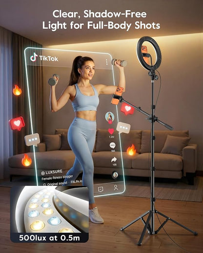 Tripod for iPhone with Light & Phone Holder - 10.5'' Ring Light with Stand - Second Arm with Overhead Phone Mount, Fast-Adjust Bamboo-Flex Stand & Remote for Content Creators, Video Recording