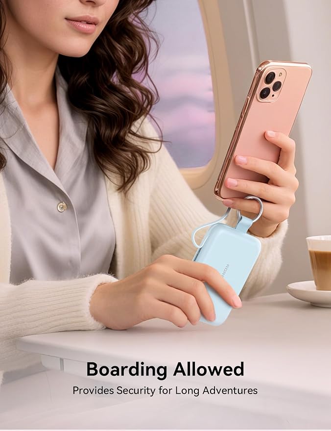 RORRY Portable Charger, 10000mAh PD 30W Fast Charging Portable Charger Power Bank with Built-in Cables, Travel Keychain Charger Battery Pack for iPhone 17/16/15/14/13/12, for AirPods 2/3/4/Pro, Blue