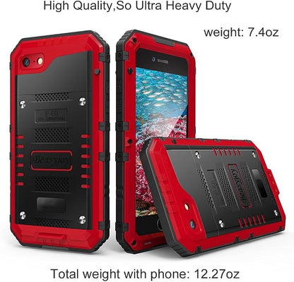 Beasyjoy for iPhone SE 2022/2020/ 8/7 Metal Case, Waterproof Heavy Duty Case with Screen Protector, Full Body Protection Military Grade Shockproof Defender Durable Sturdy Rugged Aluminum Case, Red