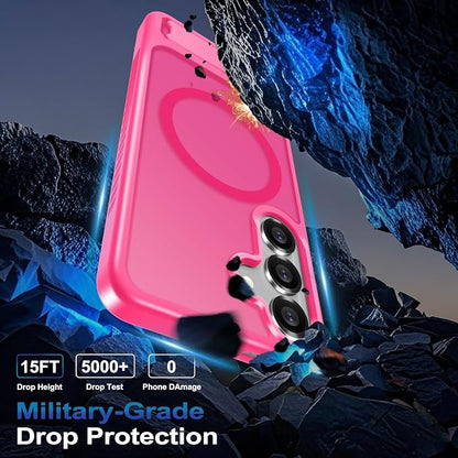 RMOCR for Samsung Galaxy S25 Case with Screen Protector+Lanyard Wrist Strap,Magnetic Translucent Matte Rugged Slim Phone Cover Built in Invisible Kickstand [Fit for MagSafe],2025 Hot Pink