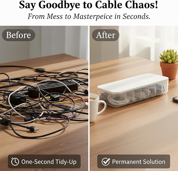 Cable Organizer Box with 7 Wire Ties, 2 Pack Desktop Cord Management Storage Case with Lid, 7 Compartments for Chargers Cables for Office Home Desk Accessories Cords (White)