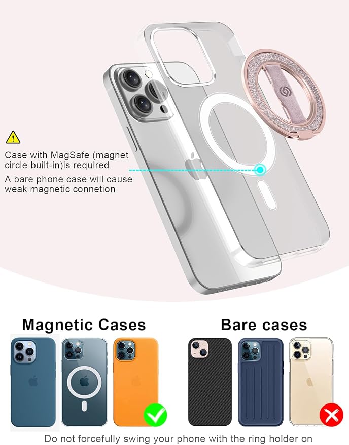 [Stylish Twinkle] EWA MagOne for Magsafe Phone Grip Kickstand [Replaceable Elastic Finger Loop], Mag Safe Ring Holder Stand, Magnetic Phone Accessories for iPhone 17,16,15,14,13,12-(Rose Gold)
