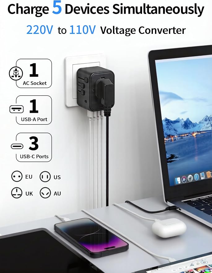 220V to 110V Voltage Converter Universal Travel Adapter International Step Down Power Adapter Converter with 3 USB C and USB A Ports US Canada to Europe Plug Adapter Travel Plug Adapter (Black)