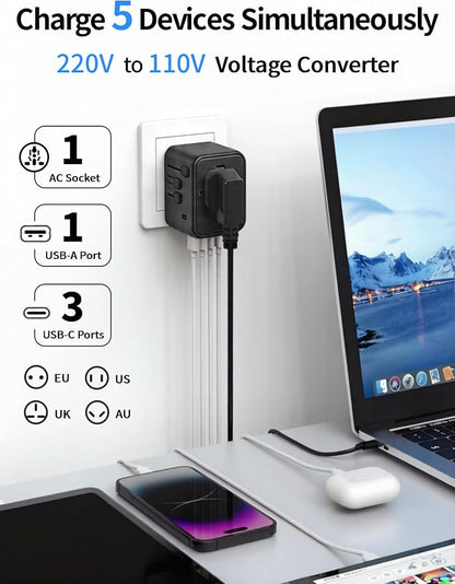 220V to 110V Voltage Converter Universal Travel Adapter International Step Down Power Adapter Converter with 3 USB C and USB A Ports US Canada to Europe Plug Adapter Travel Plug Adapter (Black)