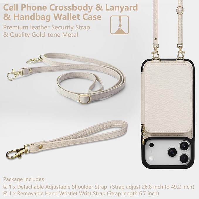 Keallce Case for iPhone 17 Pro Max 6.9'' Case Wallet, Crossbody Zipper Purse with RFID Blocking Card Slots Kickstand, Lanyard & Handstrap Flip Folio Leather Phone Cover for iPhone 17 Pro Max, Beige
