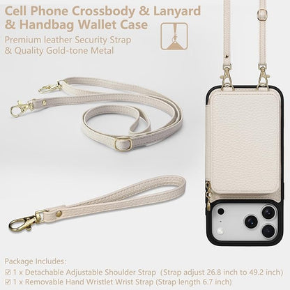 Keallce Case for iPhone 17 Pro Max 6.9'' Case Wallet, Crossbody Zipper Purse with RFID Blocking Card Slots Kickstand, Lanyard & Handstrap Flip Folio Leather Phone Cover for iPhone 17 Pro Max, Beige
