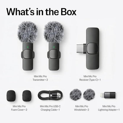 Mini Mic Pro (Latest Model) - Wireless Mini Microphone for iPhone, iPad, Android - 2 Pack Lavalier Microphone for Video Recording - iPhone Mic Crystal Clear Recording with USB-C for Content Creators